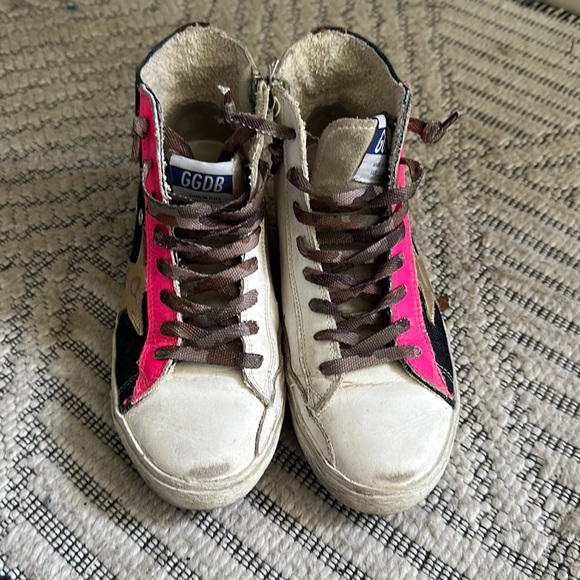 Golden Goose denim and pink hi top sneakers with zippers - Picture 1 of 7